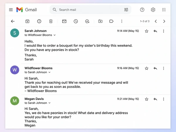 A Gmail thread for a florist where an enquiry is acknowledged two minutes after it arrives