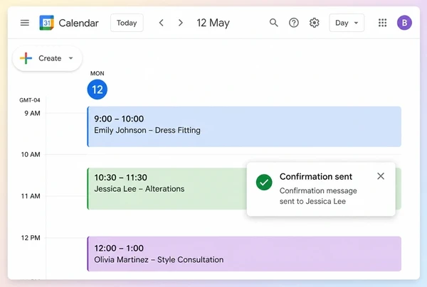 A Google Calendar day for a fashion boutique with three bookings and a sent reminder card