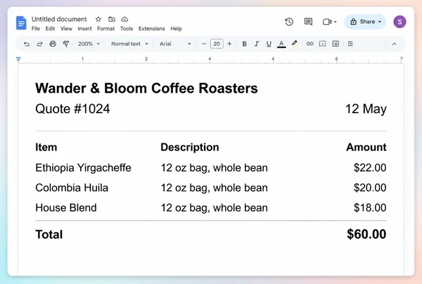 A Google Docs quotation from a coffee roastery with three line items and a total