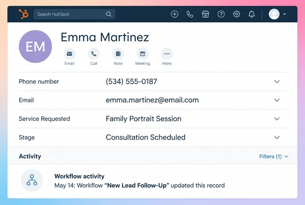 A HubSpot contact record for a photography studio customer with four fields filled by a workflow