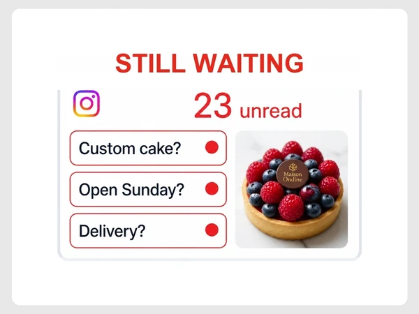 Maison Ondine has 23 unread Instagram messages asking about cakes, Sunday hours, and delivery.