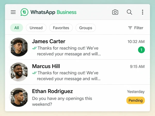 A WhatsApp Business inbox for a barber shop with two answered chats and one passed to a person