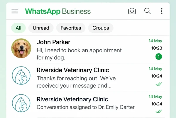 A WhatsApp Business inbox for a veterinary practice with an enquiry, an automatic reply and an assignment