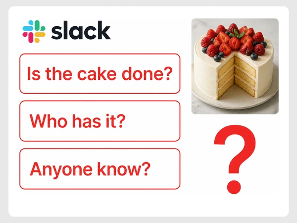 Hearth & Honey Bakery staff ask whether a cake is done, who has it, and whether anyone knows.