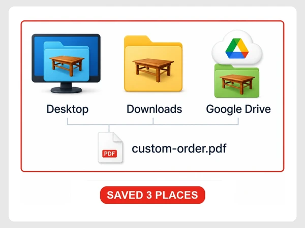 Teakhouse Furniture saves the same custom-order PDF in Desktop, Downloads, and Google Drive.