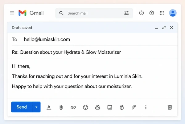 A Gmail draft reply prepared for a skincare brand to review before sending