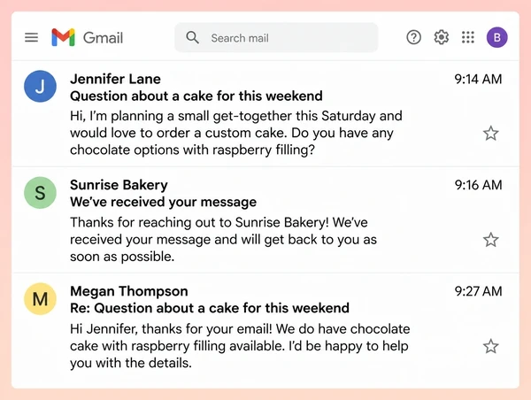 A Gmail thread for an artisan bakery where an enquiry is acknowledged two minutes after it arrives