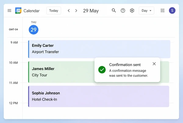 A Google Calendar day for a travel agency with three bookings and a sent reminder card