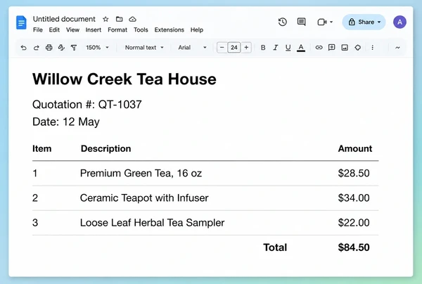 A Google Docs quotation from a tea house with three line items and a total