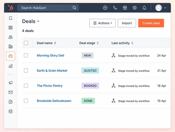 A HubSpot deal list for a delicatessen with four jobs moved between stages by a workflow