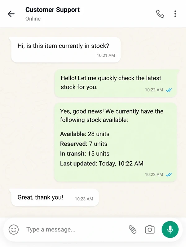 Mobile chat answering a stock availability question for a customer