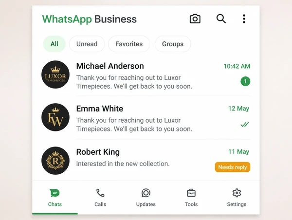 A WhatsApp Business inbox for a luxury watch retailer with two answered chats and one passed to a person