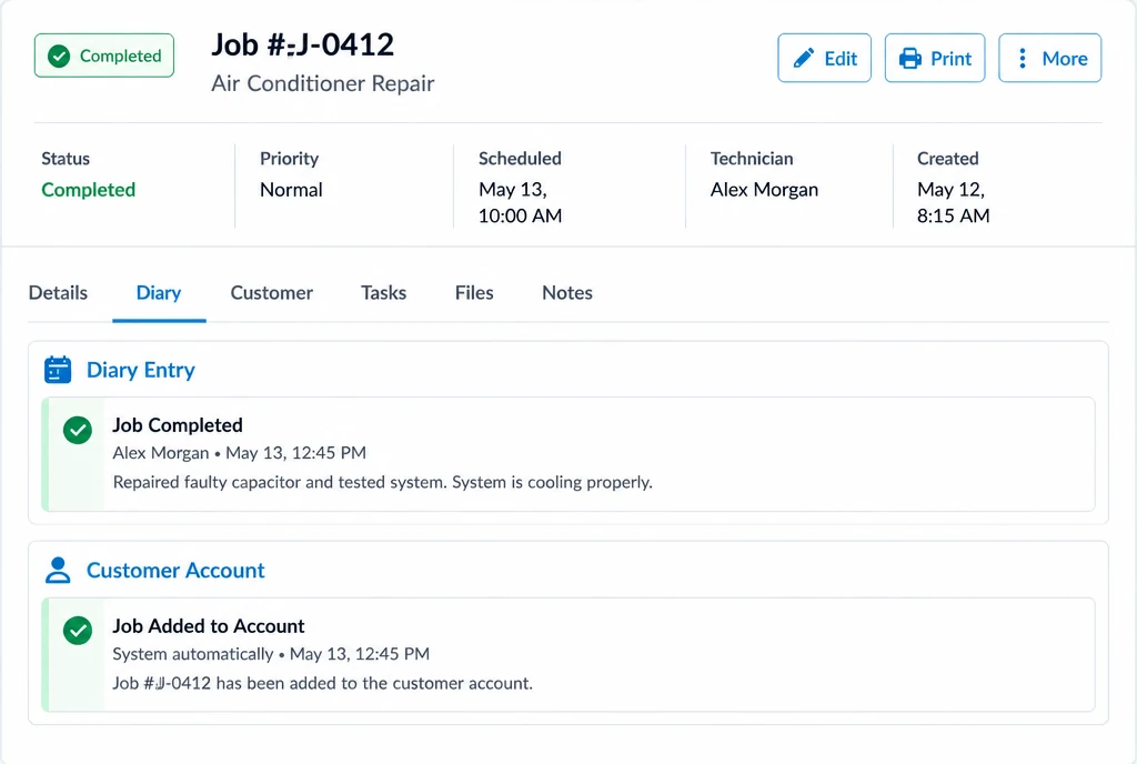 Job record showing one entry filed into the diary and the customer account