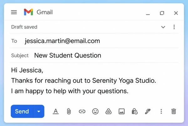 A Gmail draft reply prepared for a yoga studio to review before sending