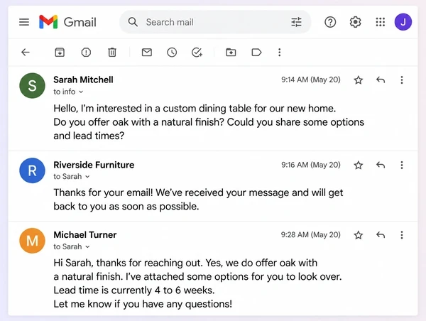 A Gmail thread for a furniture maker where an enquiry is acknowledged two minutes after it arrives