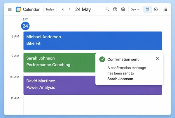 A Google Calendar day for a performance cycling shop with three bookings and a sent reminder card
