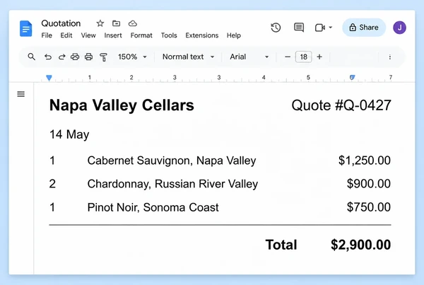 A Google Docs quotation from a wine merchant with three line items and a total