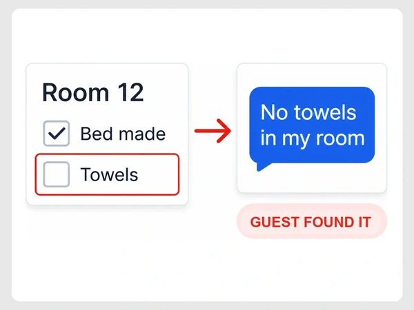 Larch House Hotel leaves towels unchecked before a guest reports none in the room.