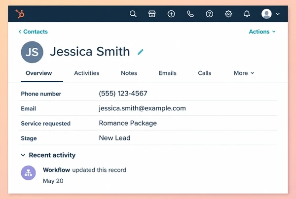 A HubSpot contact record for a boutique hotel customer with four fields filled by a workflow
