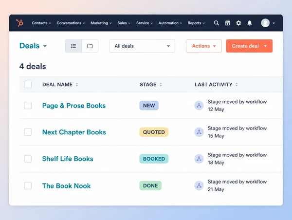 A HubSpot deal list for a bookshop with four jobs moved between stages by a workflow