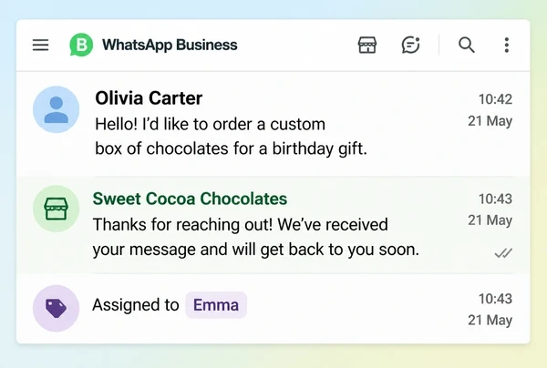 A WhatsApp Business inbox for a chocolate maker with an enquiry, an automatic reply and an assignment