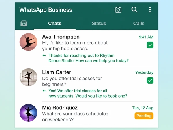 A WhatsApp Business inbox for a dance studio with two answered chats and one passed to a person