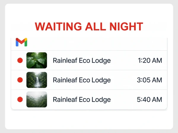 Rainleaf Eco Lodge leaves Gmail messages from 1:20, 3:05, and 5:40 AM unread overnight.