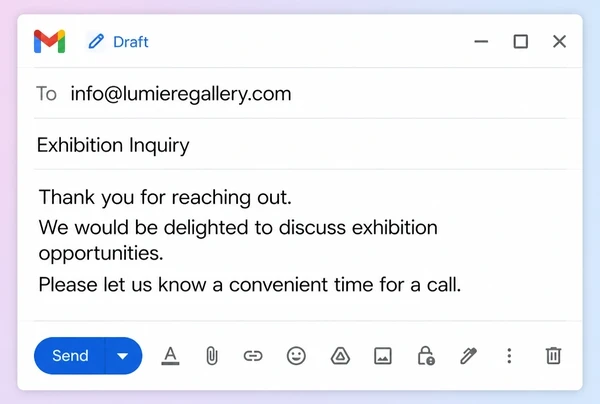 A Gmail draft reply prepared for an art gallery to review before sending
