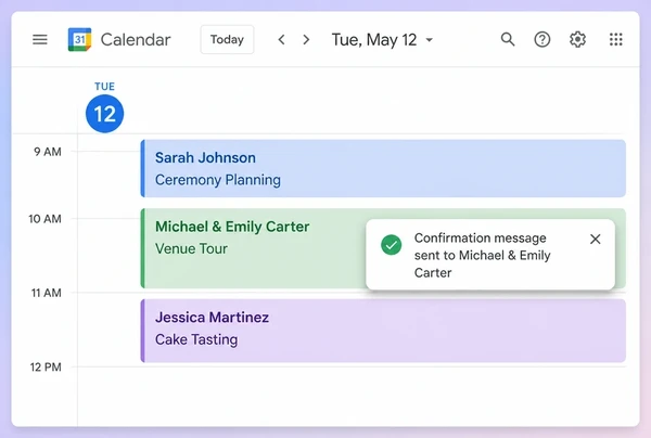 A Google Calendar day for a wedding planner with three bookings and a sent reminder card
