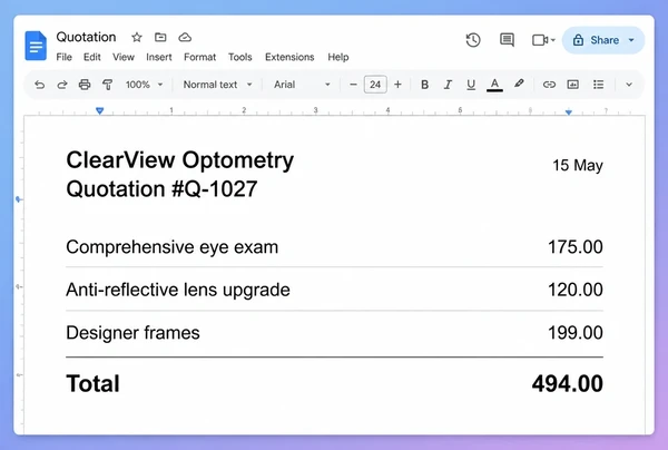A Google Docs quotation from an optometry practice with three line items and a total