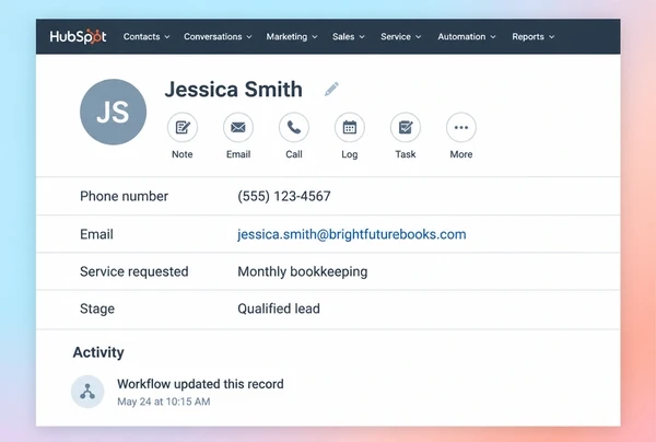 A HubSpot contact record for an accountancy practice customer with four fields filled by a workflow