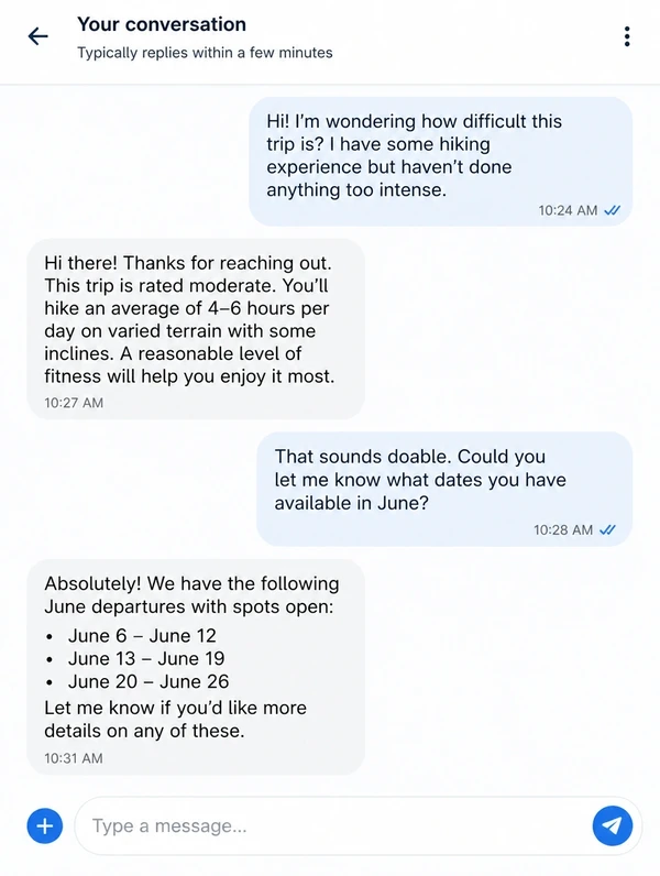 Mobile chat answering a trip difficulty question and checking dates
