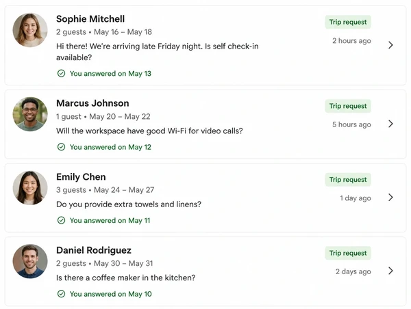 Trip request board showing overnight guest messages already answered