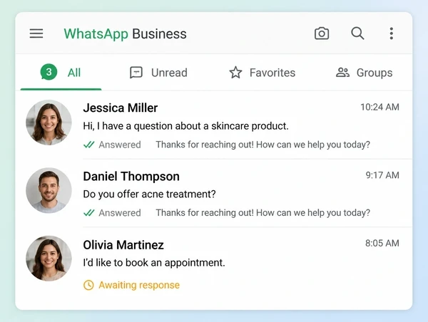 A WhatsApp Business inbox for a dermatology clinic with two answered chats and one passed to a person