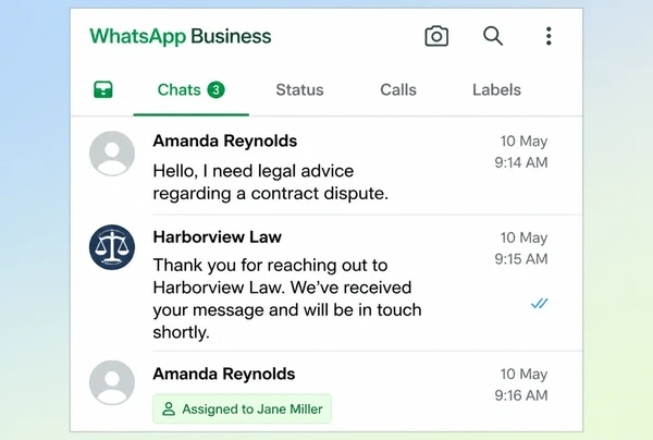 A WhatsApp Business inbox for a law practice with an enquiry, an automatic reply and an assignment