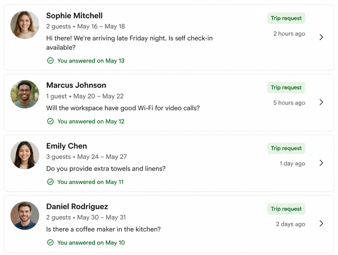 Trip request board showing overnight guest messages already answered