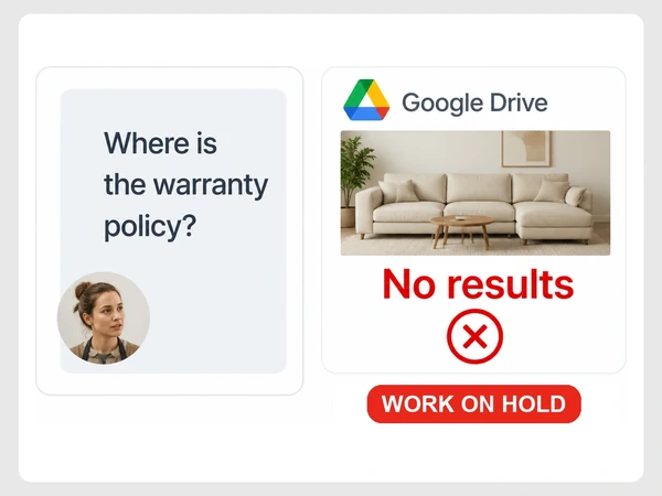 Birchwood Furniture staff ask for the warranty policy while Google Drive returns no results.