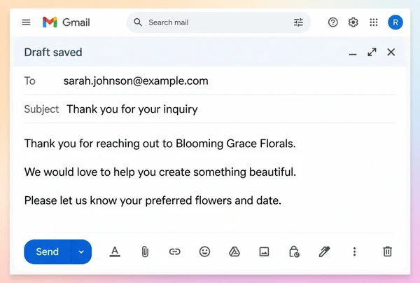 A Gmail draft reply prepared for a florist to review before sending