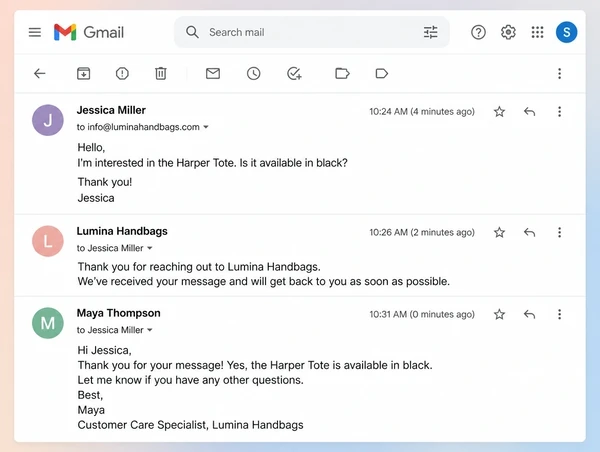 A Gmail thread for a handbag brand where an enquiry is acknowledged two minutes after it arrives