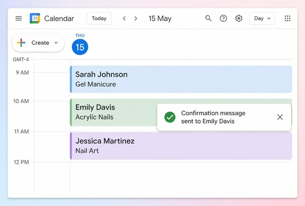 A Google Calendar day for a nail studio with three bookings and a sent reminder card