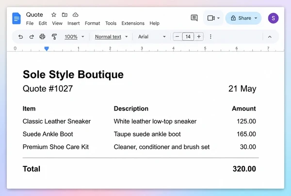 A Google Docs quotation from a shoe boutique with three line items and a total