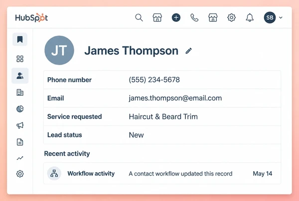 A HubSpot contact record for a barber shop customer with four fields filled by a workflow