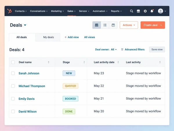 A HubSpot deal list for a chiropractic clinic with four jobs moved between stages by a workflow