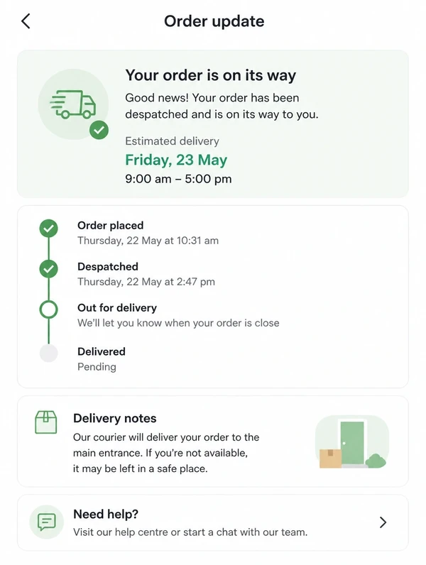 Mobile delivery update sent to a customer as the job is despatched
