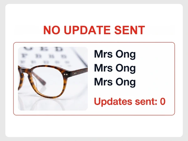 Brightlens Optometry shows three calls from Mrs Ong while updates sent remains zero.