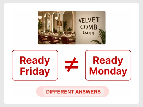 Velvet Comb Salon gives conflicting chat answers that an order will be ready Friday and Monday.