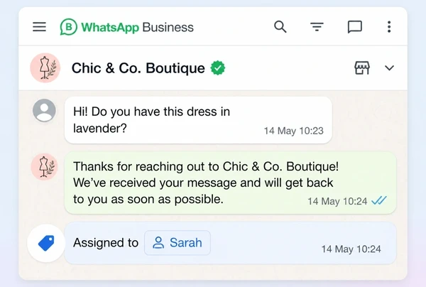 A WhatsApp Business inbox for a fashion boutique with an enquiry, an automatic reply and an assignment