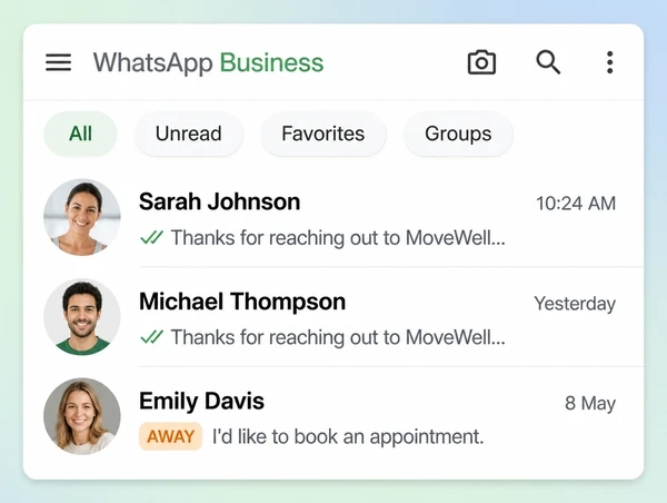 A WhatsApp Business inbox for a physiotherapy practice with two answered chats and one passed to a person