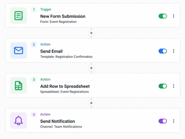 Automation builder canvas connecting a form, an email and a spreadsheet