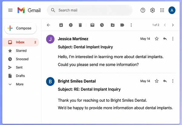 A Gmail thread where a dental implant enquiry already has a sent reply underneath it